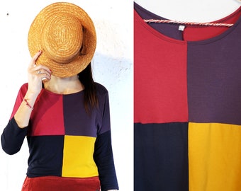 LAST PIECE (only size SM left)Ready to ship!Multicolor color block patchwork jersey cotton top, t-shirt [Delaunay/4 slices- yellow magenta]