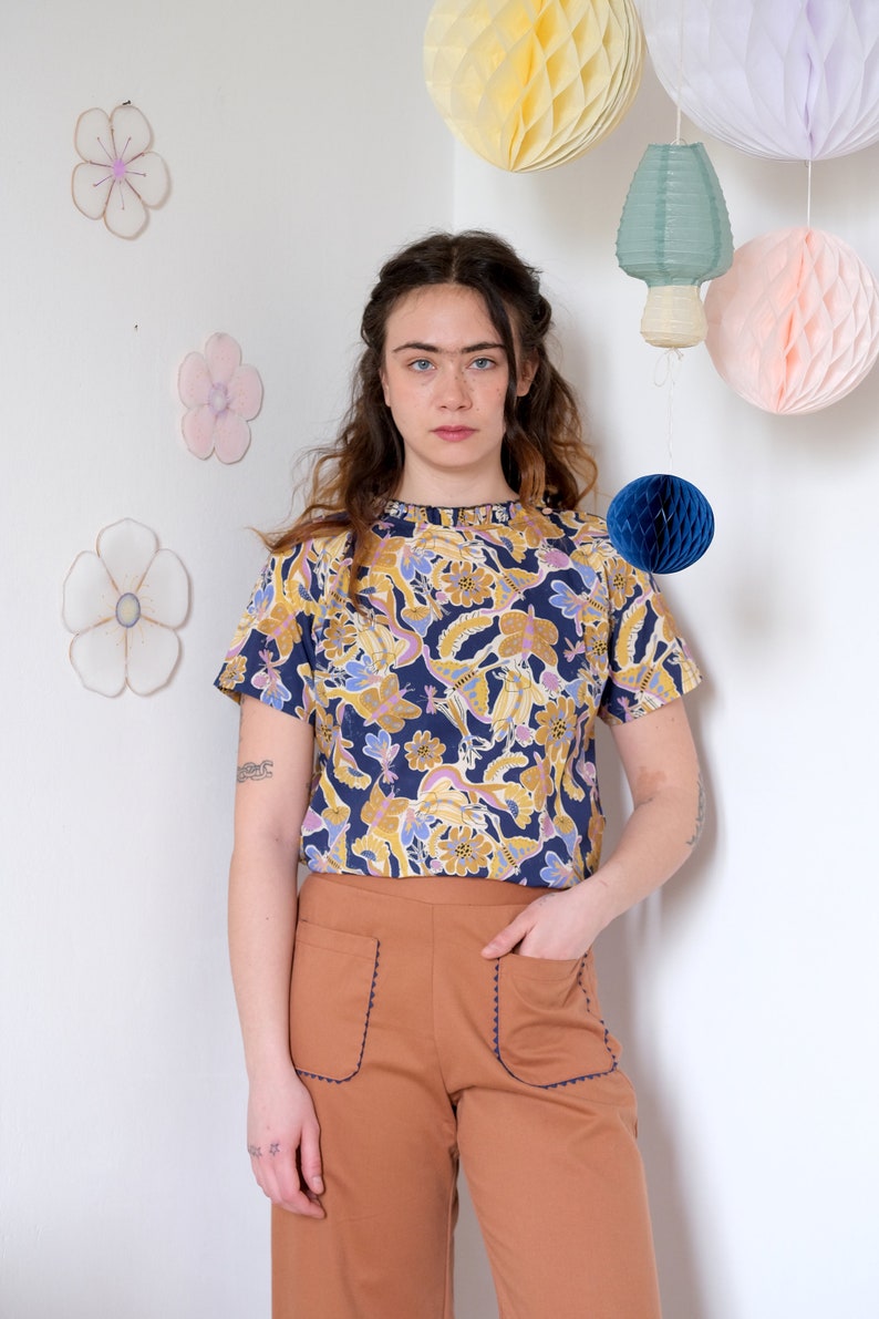 Handmade Cotton Printed Viscose Ruffle Collar Short Sleeves Blouse Krakow blouse/psychedelic insects image 1