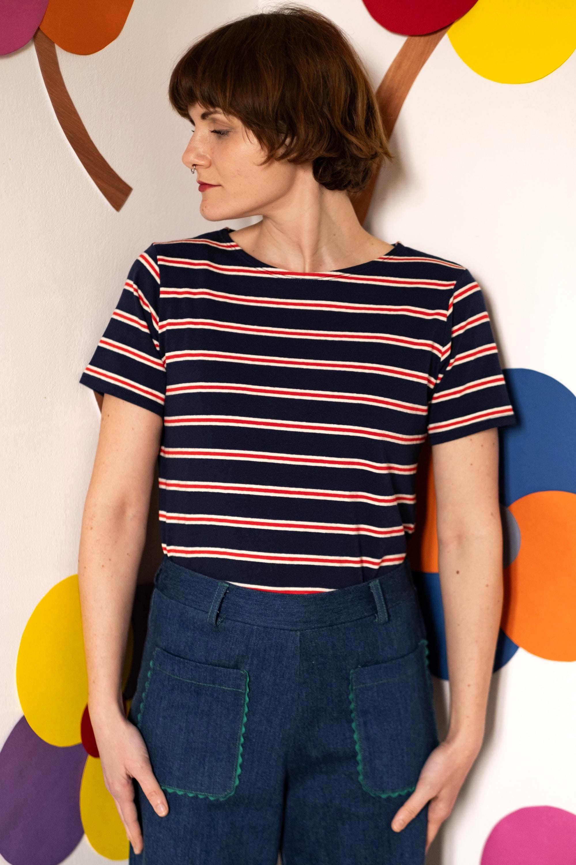 Handmade Vintage Cotton Fabric Shirt, Boat Neckline, Short Sleeves