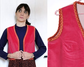 Handmade Vintage Corduroy-Velvet Vest [Woodstock Vest /red cherry with edging]