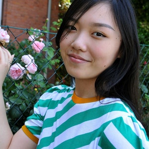 Ready to ship Handmade vintage cotton jersey oblique striped green and white t-shirt, top Bologna shirt/green-white image 2