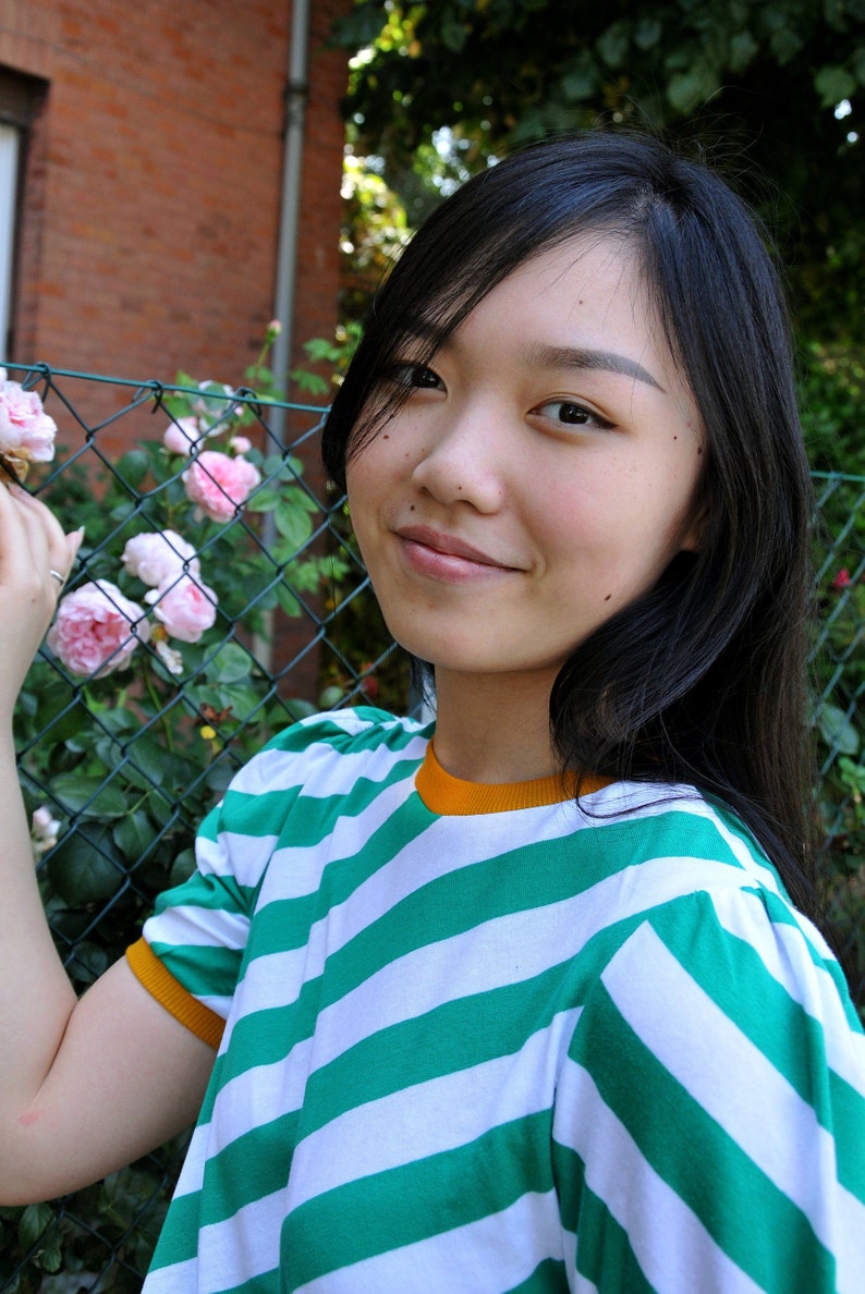 Ready to ship Handmade vintage cotton jersey oblique striped green and white t-shirt, top Bologna shirt/green-white image 2