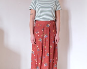 Rusty orange midi printed vintage viscose pleated Woman skirt [Cinnamon skirt/Flower bushes]