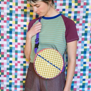Borsa Tonda con tasca esterna, stoffa vintage, cinghia regolabile [Round Bag/baby pizza/bi-jocker]