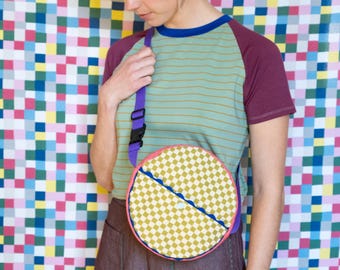 Borsa Tonda con tasca esterna, stoffa vintage, cinghia regolabile [Round Bag/baby pizza/bi-jocker]
