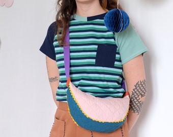 Handmade Vintage Velvet multicolor flap shoulder pouch bag [pink quilted dream]