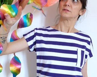 Handmade white and purple stripes organic cotton shirt, pocket t-shirt, top [Bo-bo shirt/white purple]