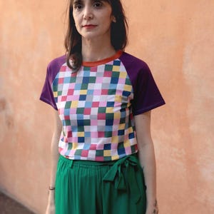 Può includere: Una t-shirt a maniche corte raglan con un motivo a scacchi multicolore nelle tonalità del blu, giallo, rosa e bianco sul pannello frontale, con maniche viola a tinta unita e scollo rotondo arancione, abbinata a pantaloni verdi a vita alta.