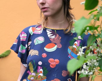 Viscose Sushi Print on blue background Blouse [Butterfly Shirt/sushi]