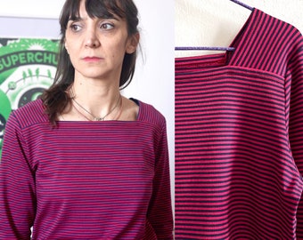 Handgemaakte Vintage katoenen stof Gestreept donkerblauw - fuchsia/rood, vierkante halslijn [Colmar shirt/rood-blauw]