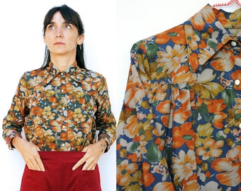 Ready to ship! Vintage Cotton Collared Blouse Flowers print[San Francisco Blouse-Intense blue flowers]