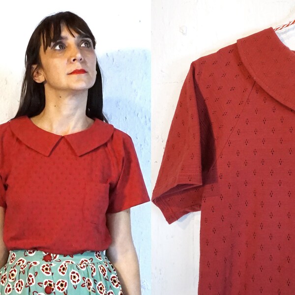 LAST PIECE (only size xs-s) Ready to ship! Handmade vintage cotton collared t-Shirt/top peter pan, polo [Roma top polo/strawberry red]