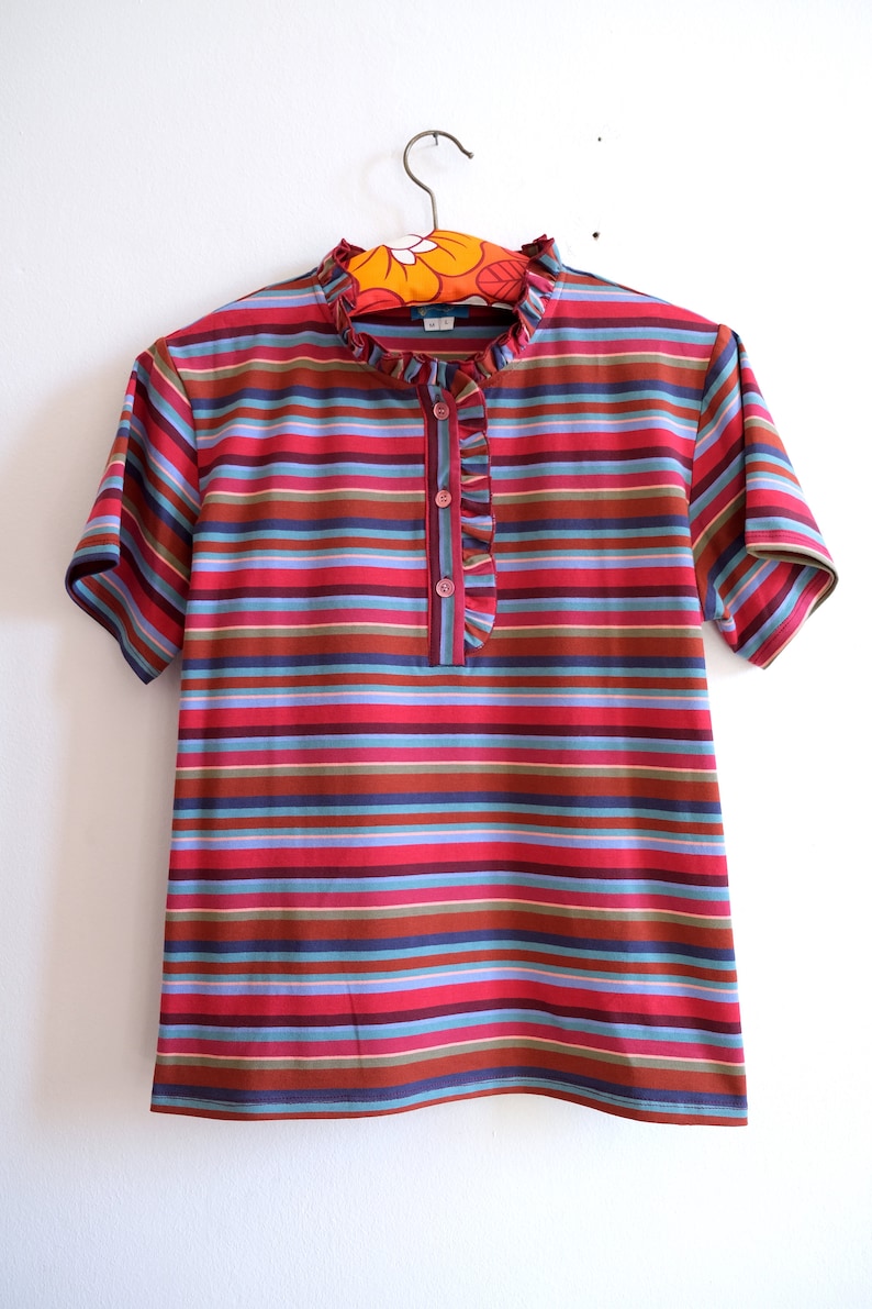 Handmade Vintage Cotton Jersey Serafino Striped Blouse, upcyled fabric Melrose Blouse/pink multi stripes image 7