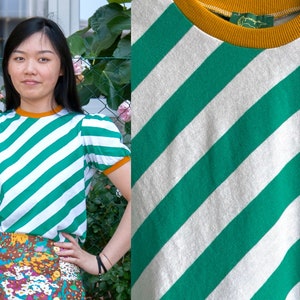 Ready to ship Handmade vintage cotton jersey oblique striped green and white t-shirt, top Bologna shirt/green-white image 1