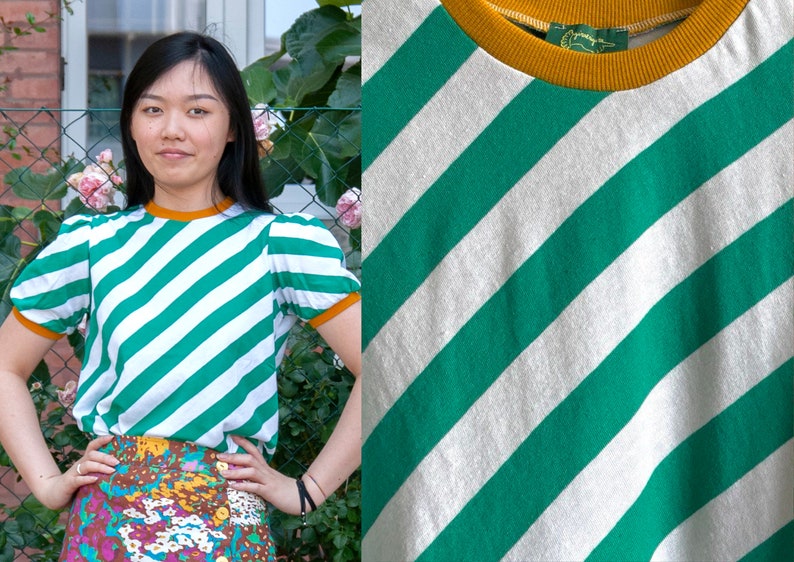 Ready to ship Handmade vintage cotton jersey oblique striped green and white t-shirt, top Bologna shirt/green-white image 1