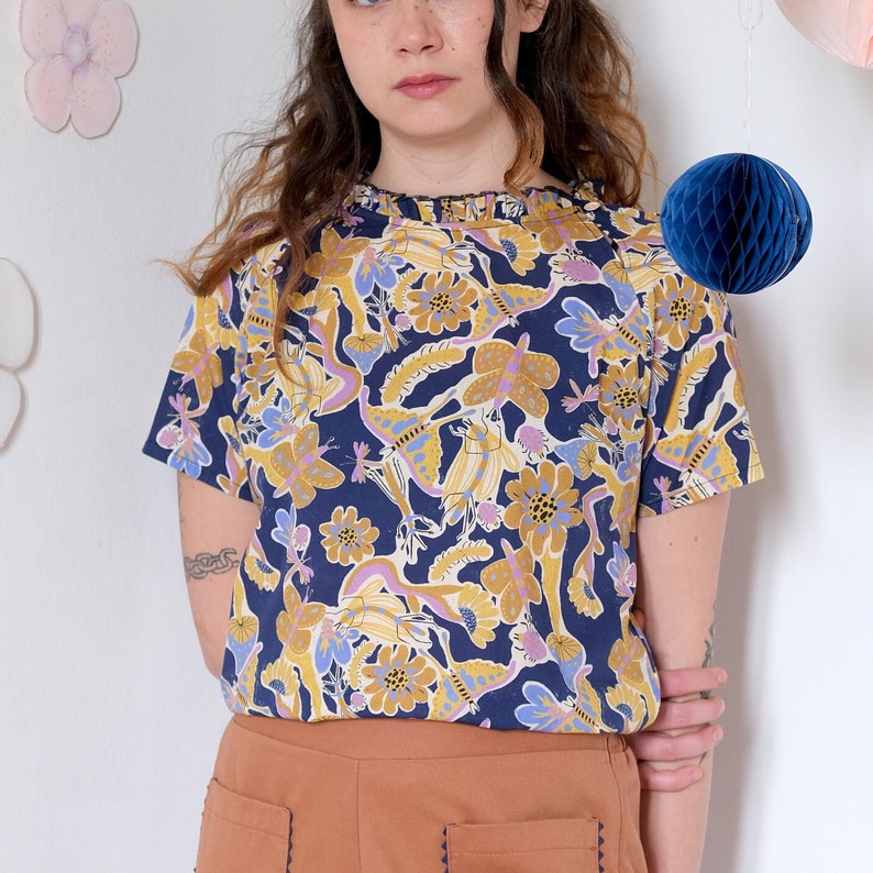 Handmade Cotton Printed Viscose Ruffle Collar Short Sleeves Blouse Krakow blouse/psychedelic insects image 2