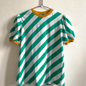 Ready to ship Handmade vintage cotton jersey oblique striped green and white t-shirt, top Bologna shirt/green-white image 3