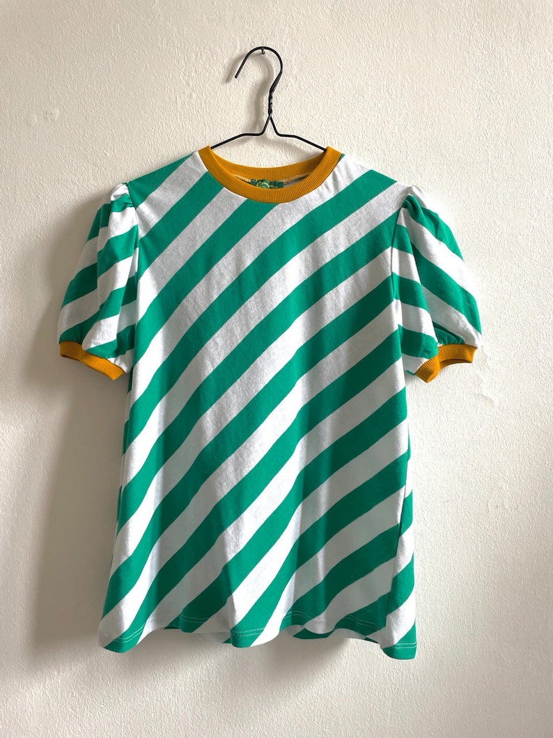 Ready to ship Handmade vintage cotton jersey oblique striped green and white t-shirt, top Bologna shirt/green-white image 3