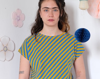 Handmade Oblique yellow and blue stripes organic cotton shirt, t-shirt, top [Bo-bo shirt/yellow blue oblique]