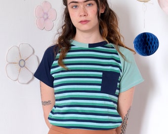 Ribbed T-shirt,top,patchwork colors, water green, blue and blue cotton [Brasilia shirt/water green]