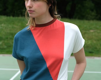Handmade multicolor color block patchwork vintage jersey cotton top [Triangle-Diagonal/brown]