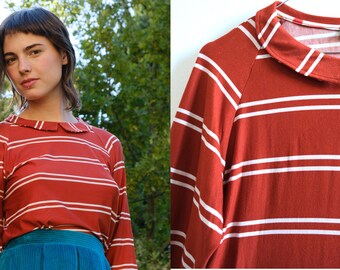 Handmade striped dark orange cotton t-shirt peter pan collar [Dublin shirt/dark rust]