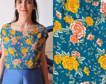 READY TO SHIP! Handmade Vintage Viscose Multicolor Flowers Print Women Tank top [Bedford Top/Roses on green]