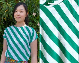 READY TO SHIP! Handmade Oblique green and white stripes organic cotton shirt, t-shirt , top [Bo-bo shirt/green white oblique]