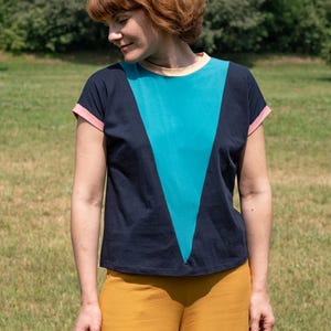 Handmade multicolor color block patchwork vintage cotton top  [Delaunay/blu azzurro]