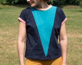 Handmade multicolor color block patchwork vintage cotton top  [Delaunay/blu azzurro]