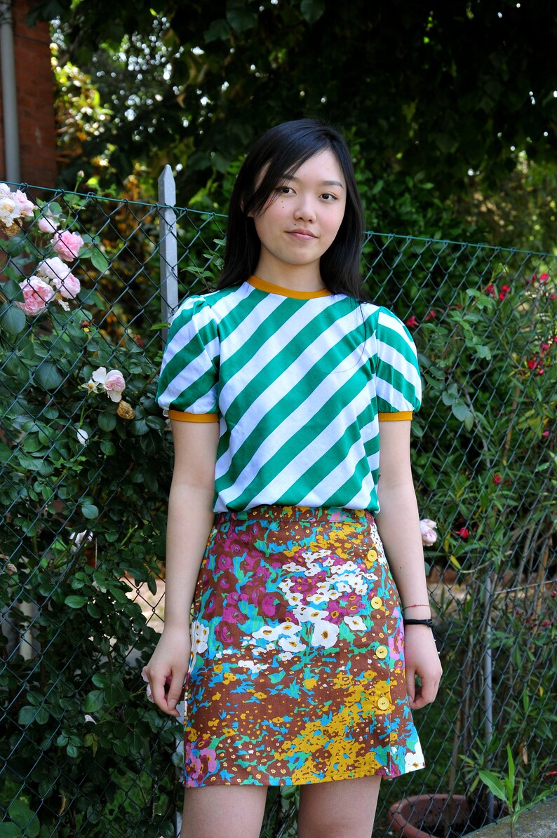 Ready to ship Handmade vintage cotton jersey oblique striped green and white t-shirt, top Bologna shirt/green-white image 6