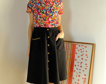 Black Vintage Cotton Fabric Half-circle Buttons Skirt