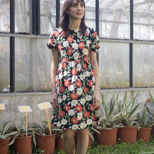 Handmade viscose poppies print smock dress with belt [Yoko dress/multicoloured poppies]