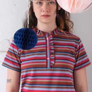 Handmade Vintage Cotton Jersey Serafino Striped Blouse, upcyled fabric Melrose Blouse/pink multi stripes 画像 2