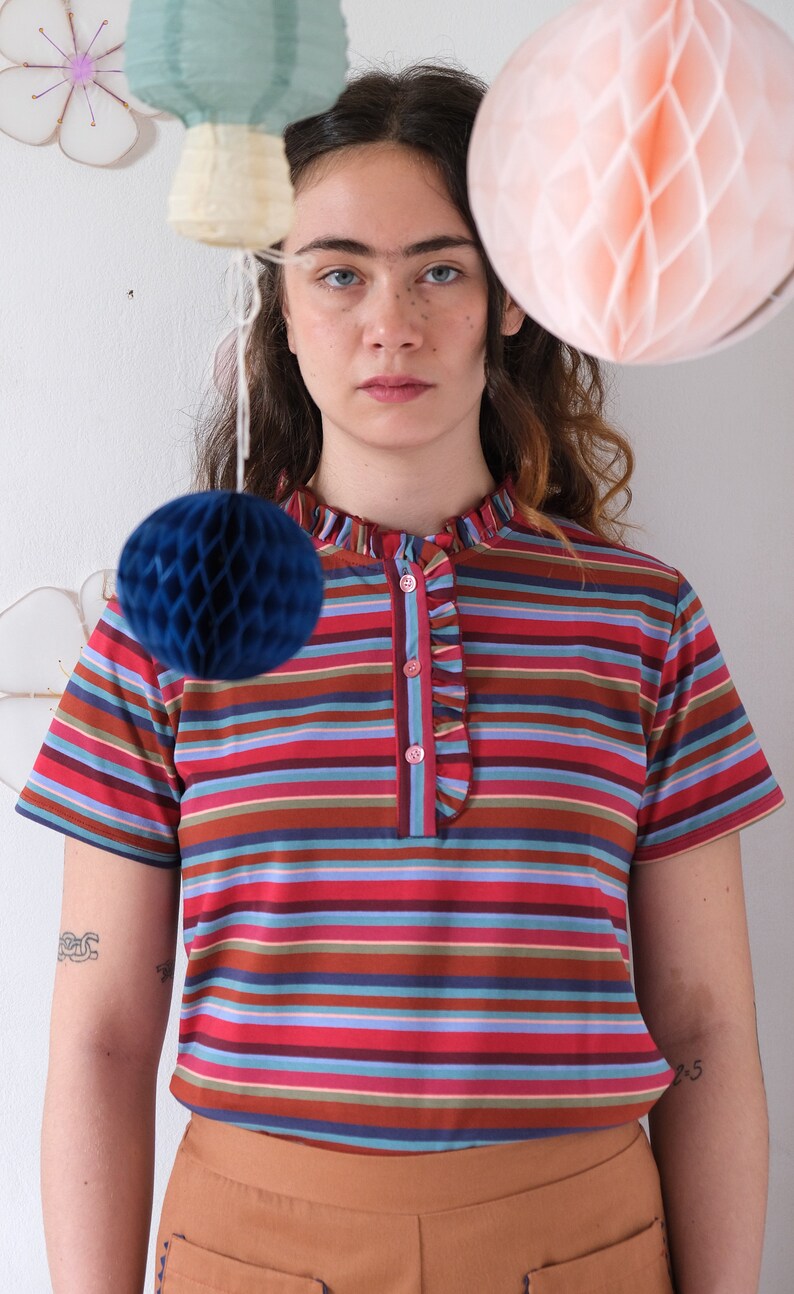 Handmade Vintage Cotton Jersey Serafino Striped Blouse, upcyled fabric Melrose Blouse/pink multi stripes image 2