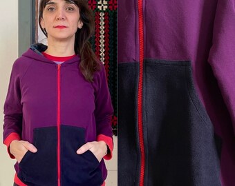 Handmade organic cotton zipper sweatshirt with floral hood interior [Fanta felpa/Purple]