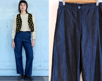 Pantaloni Palazzo in Denim Vintage, color blu scuro, mezza stagione, tasche, Small, Medium, Large [Malibu Pants/mid denim]