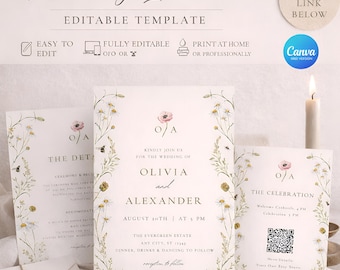 Hand-Drawn Wedding Invitation Template, Romantic Canva Design, Romantic Floral Wedding Invite