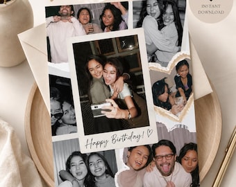 Printable Happy Birthday Photo Collage Card, Custom Photo Birthday Card Template, Canva Editable, Instant Download, Aesthetic Birthday Card