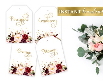 Mimosa Bar Hanging Juice Tags | 2.75 x 4 inches | DIY Printable | Gold Font | Marsala Blooms | PDF and JPG Files | Instant Download