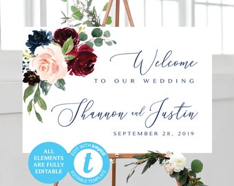 Navy Burgundy Welcome Wedding Sign Template Floral Merlot Wedding Welcome Sign Navy Marsala Wedding Sign Large Signage Editable Template 034