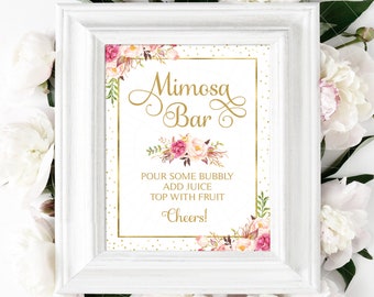 Mimosa Bar Sign | 8 x 10 | DIY Printable | Gold Font | Gold Foil Accents | Romantic Blooms | PDF and JPG Files | Instant Download