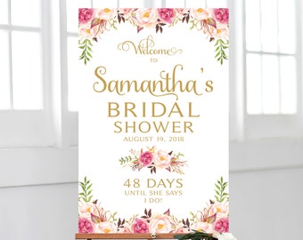 Bridal Shower Welcome Sign | Personalized | Gold Font | Wedding Countdown | Floral Options | PDF and JPG Files