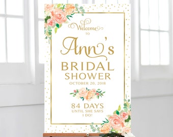 Bridal Shower Welcome Sign | Ever After | Peachy Blooms | Gold Font | Wedding Countdown | Floral Options | PDF and JPG Files