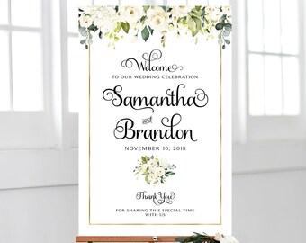 Wedding Welcome Sign | Large Wedding Poster | Various Sizes | Black Font | Cream Roses | Greenery | PDF and JPG Files