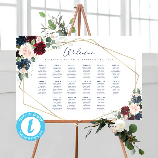 Burgundy and Navy Seating Chart and Place Cards | EDIT with Templett | 24 x 36 | Two Templates | Seating Plan | Burgundy and Navy Greenery