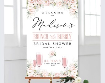 Pink Floral Brunch and Bubbly Shower Welcome Sign and Bonus Printable | Wedding Countdown | Blush Roses | Pink Roses | Greenery