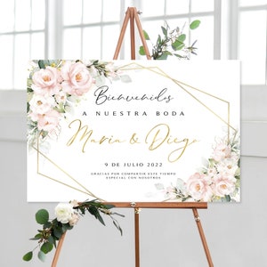 Roze bloemen Bienvenidos a Nuestra Boda-bord en afdrukbare bonus | Bienvenidos-poster | Blush rozen groen | Roze rozen | DIY-afdrukbaar