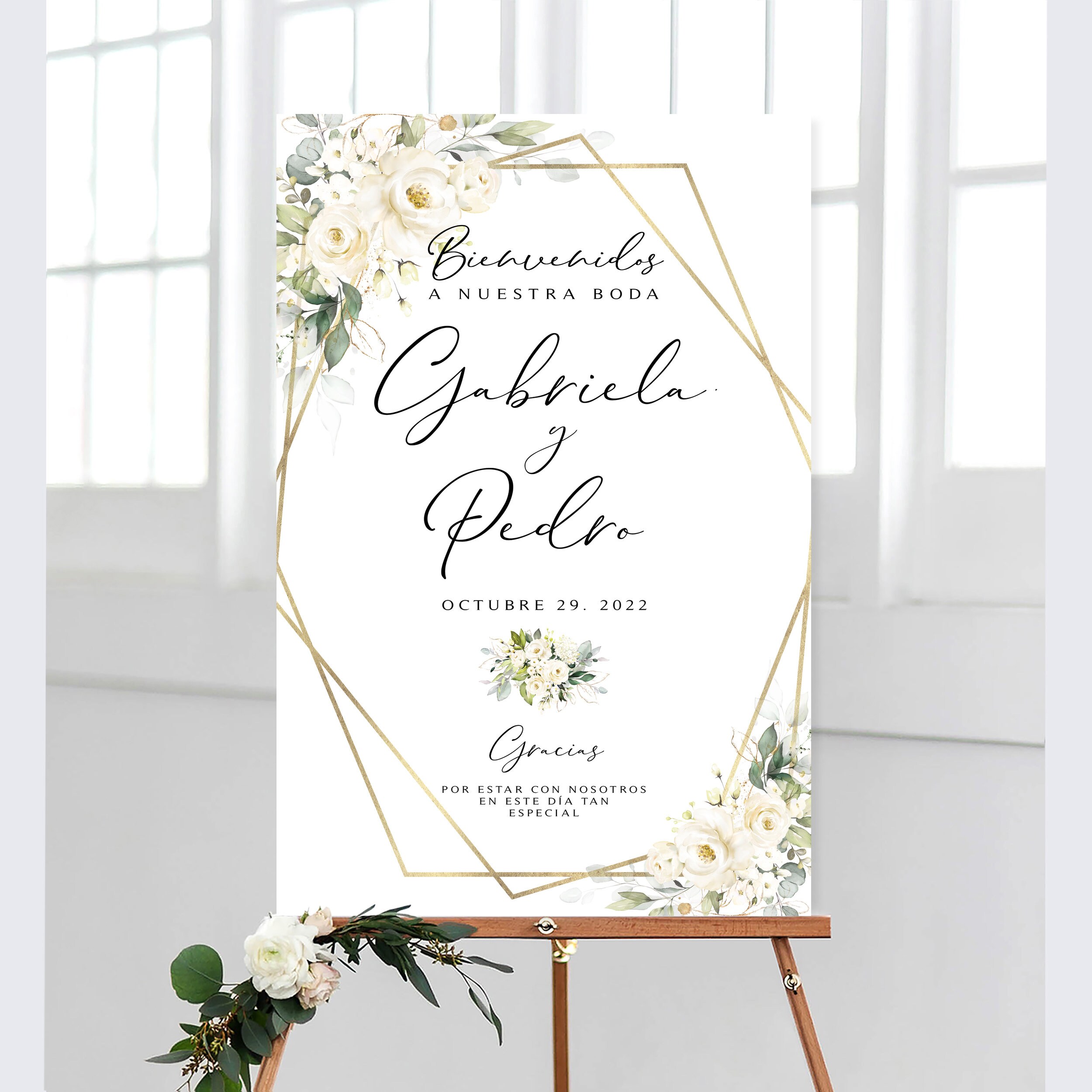 Greenery Bienvenidos a Nuestra Boda Sign and Bonus Printable | Personalized | Bienvenidos Poster | Cream Roses and Greenery | White Roses