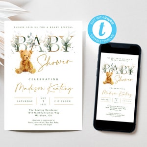 Teddy Bear Baby Shower Invitation: Greenery Evite Template (Digital)